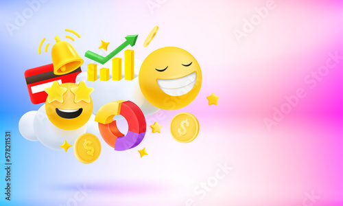 Digital business concept with icons and emojis. 3d vector banner with copy space