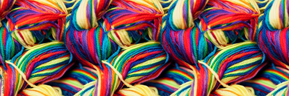 Seamless pattern of colorful rainbow yarn for knitting. Colored balls of yarn. Yarn for knitting. Skeins of yarn. digital ai art
