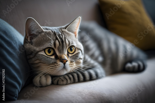 Portrait Beautiful short hair cat lying on the sofa at home photography made with Generative AI © yuniazizah