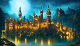 Fantasy Castle city anime art of magestic fortess in fairy land royal background ai generated for creative posters, ad campaigns, flyers