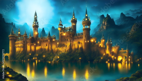Print op canvas Fantasy Castle city anime art of magestic fortess in fairy land royal background