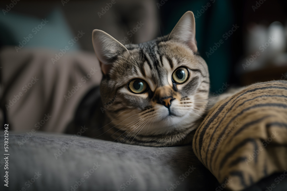 Portrait Beautiful short hair cat lying on the sofa at home photography made with Generative AI Portrait Beautiful short hair cat lying on the sofa at home photography made with Generative AI
