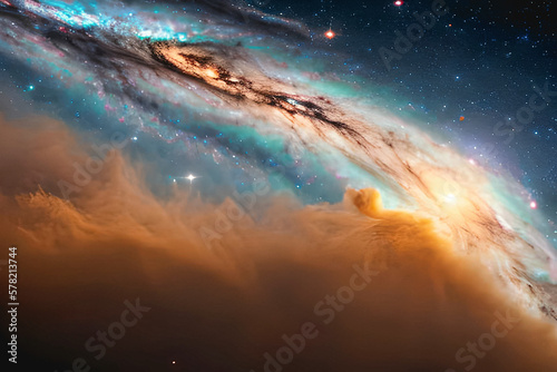 Galaxy with colorful nebula, shiny stars and heavy clouds, highly detailed, AI generated Image.