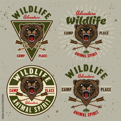 Bear set of colored emblems, badges, labels or logos for camping and outdoors on light grunge background