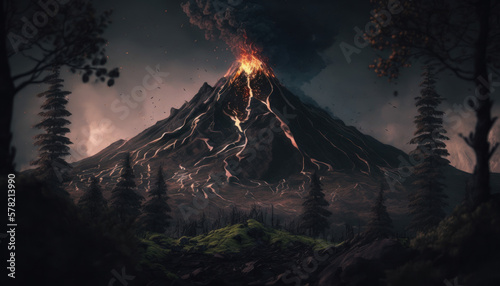 lava coming out of volcano  nature  landscape  mountain   dark sky Generative AI  Generativ  KI