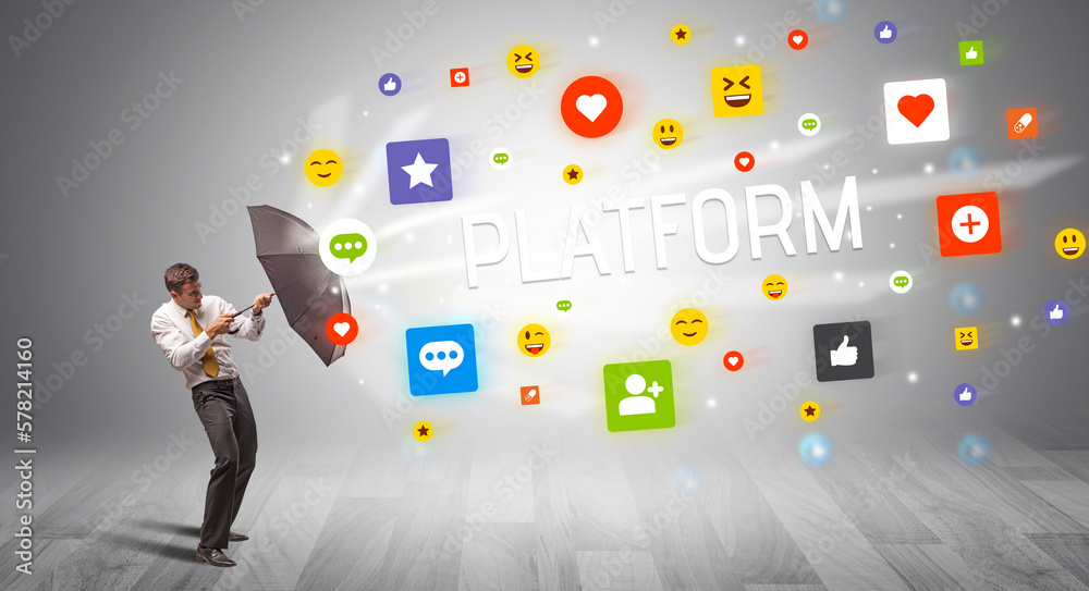 businessman defending with umbrella from social media businessman defending with umbrella from social media
