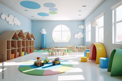 Interior of modern kindergarten classroom: Empty. Photo generative AI