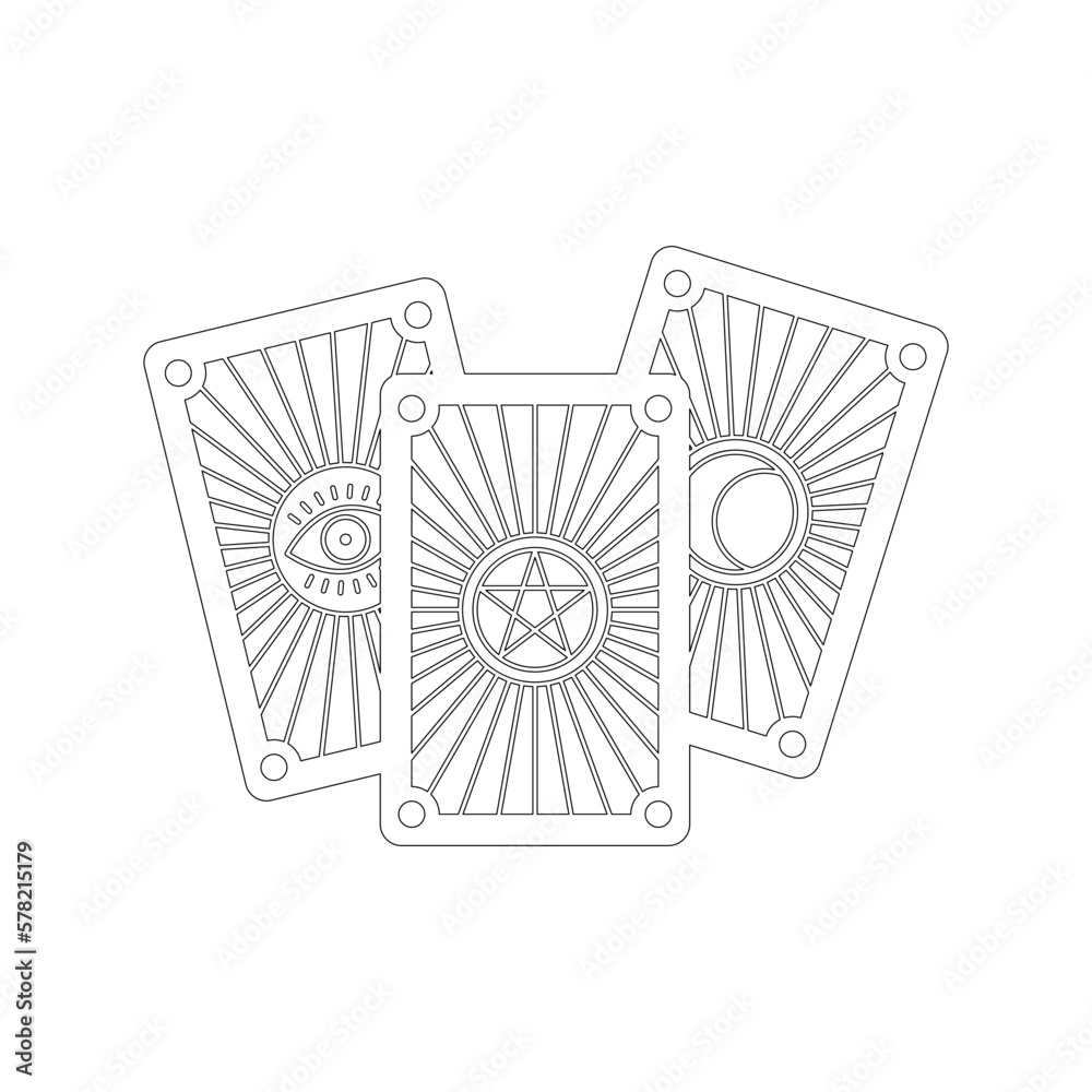 Mystical esoteric cards icon. Line black and white illustration of three taro cards isolated on a white background. Fortune telling concept. Vector 10 EPS.