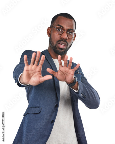 A black African male, displaying a fearful and terrified facial expression, making a defensive hand gesture to signal a desire to stop or danger isolated on a png background.