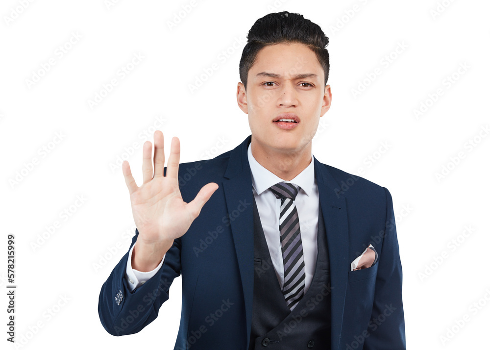 An executive or CEO of Caucasian ethnicity is conveying a 'halt', 'hold on' or 'stop' message through an open palm gesture, reflecting their assertive attitude isolated on a png background. An executive or CEO of Caucasian ethnicity is conveying a 'halt', 'hold on' or 'stop' message through an open palm gesture, reflecting their assertive attitude isolated on a png background.