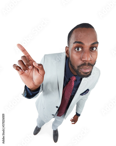 Foto A salesperson of Latin American origin is captured in a white suit, pointing at an empty area with a comical expression on their faceisolated on a png background