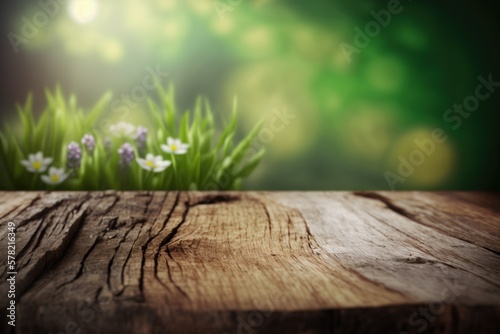 Aged wooden table with blurred spring image Background for product presentation Generative AI 