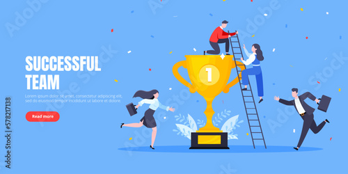 Happy business employee team winners award ceremony flat style design vector illustration. Employee recognition and best worker competition award team celebrating victory winner business concept.