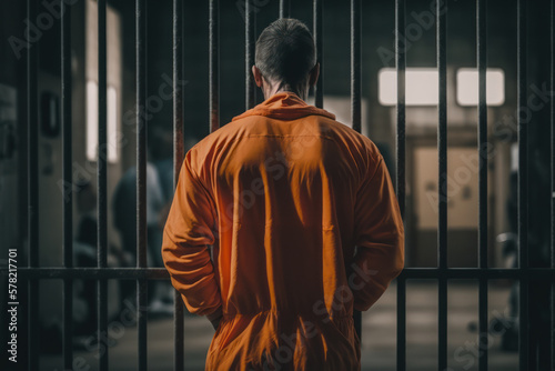 Fotografia Prisoner behind bars in jail, generative ai