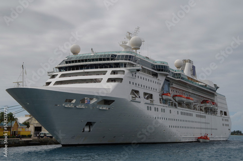 Modern white Royal Caribbean cruiseship or cruise ship liner Empress in port of Nassau, Bahamas during Caribbean cruising to tropical islands for dream holiday vacation  © Tamme