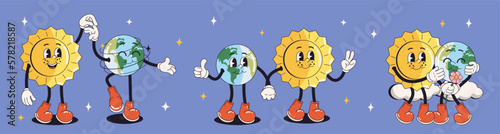 Save the planet stickers in trendy retro cartoon style. Sticker pack for Earth or World Environment Day. Funny vector illustration of planet Earth with the Sun smiley face. Eco green labels or badges.