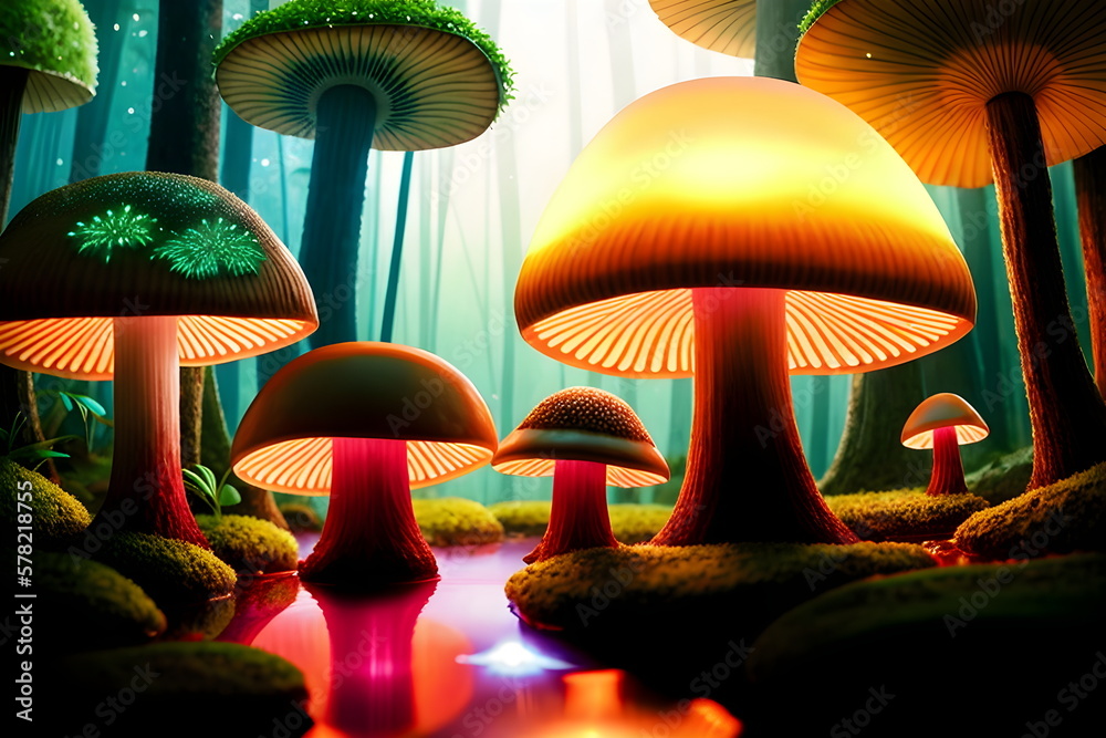Magical mushrooms in the forest fantasy glowing landscape ai generated ...