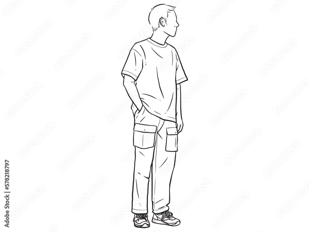 Man standing with his hands in his pants pocket line vector drawing. Minimalistic contour illustration.