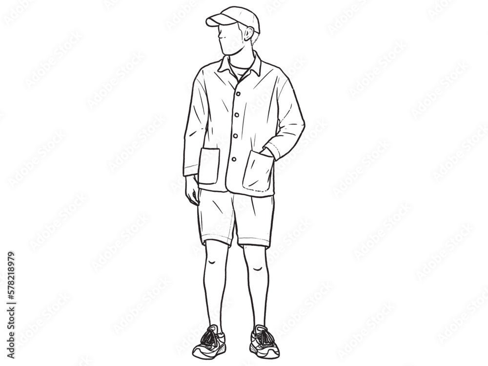 Man standing with his hands in his pants pocket line vector drawing. Minimalistic contour illustration.