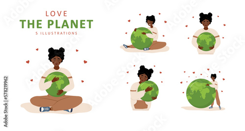 Love the planet. Smiling african woman hugs Earth globe with care and love. International Mother Earth day. Caring for Nature and environment. Set of vector ecological illustrations in cartoon style.