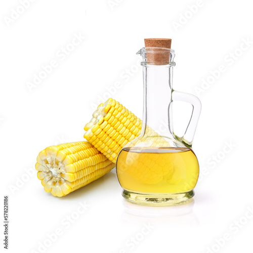 Corn oil with fresh sweet corn isolated on white background.