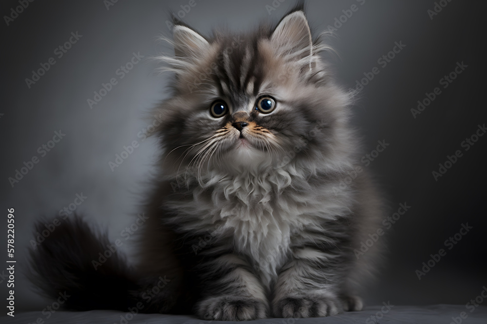 Portrait little fluffy kitten on a gray background photography made with Generative AI Portrait little fluffy kitten on a gray background photography made with Generative AI