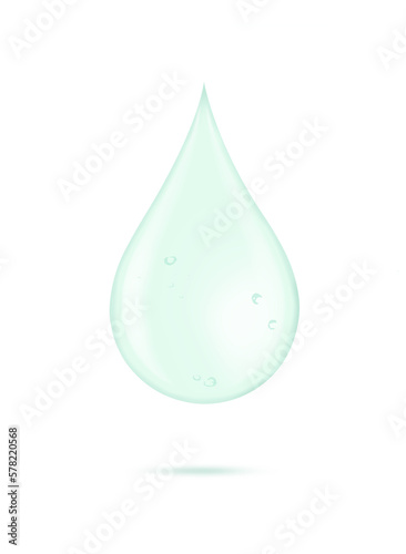 Green collagen water drop isolated on white background. Water serum droplet for cosmetic, beauty and spa concept.