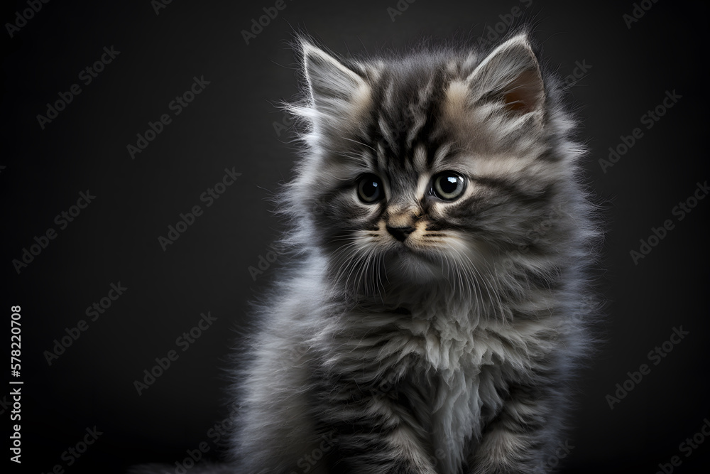 Portrait little fluffy kitten on a gray background photography made with Generative AI