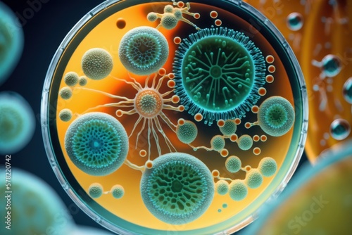 Scientific macro closeup of bacteria and virus cells (Generative AI)