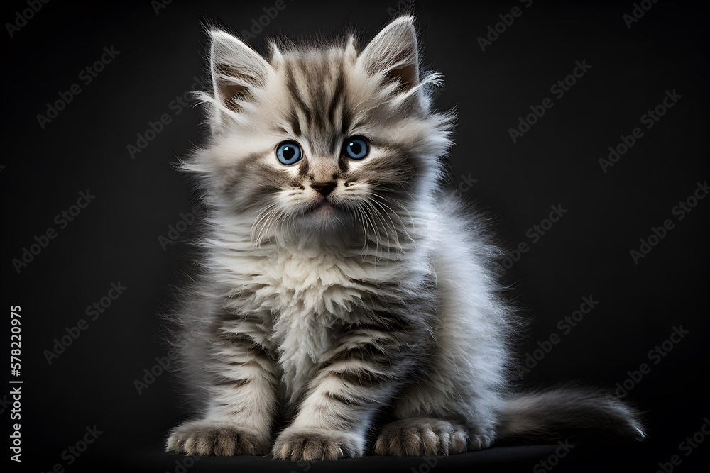 Portrait little fluffy kitten on a gray background photography made with Generative AI