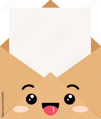 Cute kraft envelope with letter happy character vector clip art. Kawaii cartoon smilling unfolded brown kraft paper envelope illustration isolated on a white background.