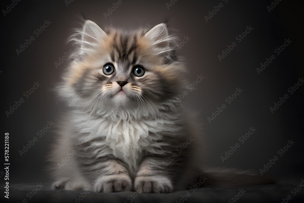 Portrait little fluffy kitten on a gray background photography made with Generative AI