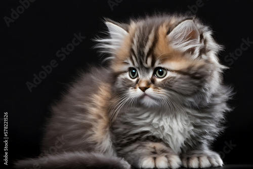 Portrait little fluffy kitten on a gray background photography made with Generative AI © yuniazizah