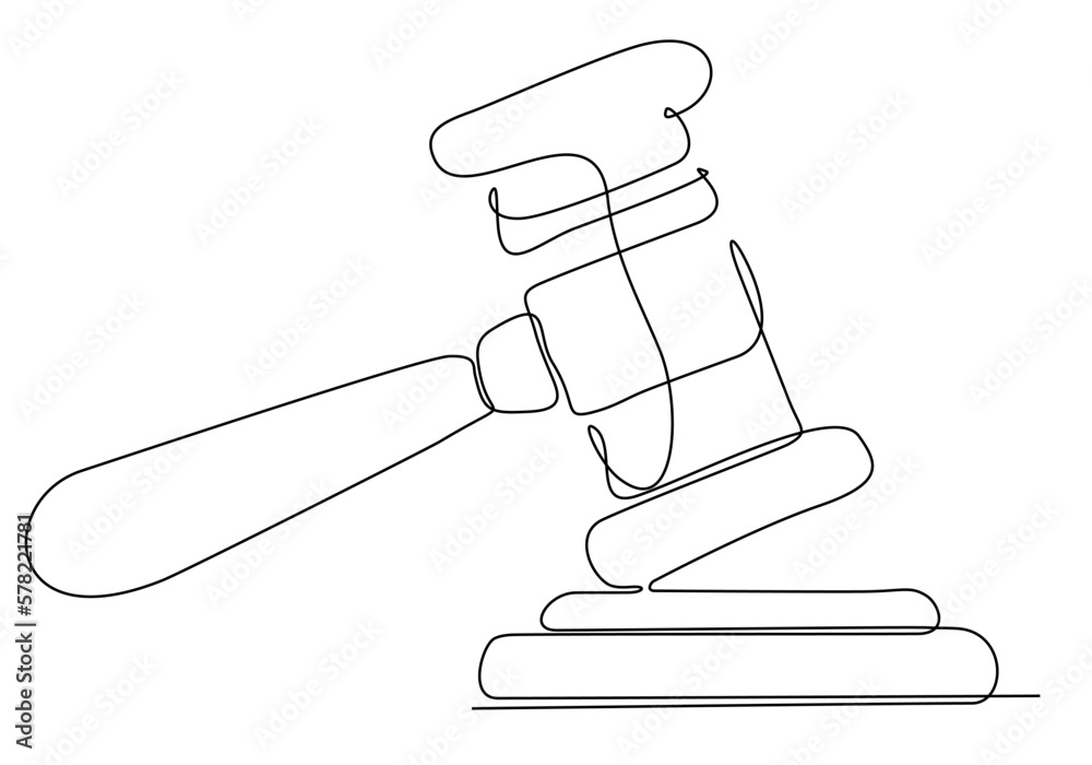 Continuous line drawing of judges gavel on black and white background