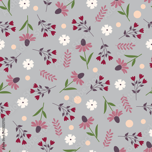 Exquisite floral seamless pattern. Foliage texture of scandi wildflowers, leaves and polka dots. Allover flowery background