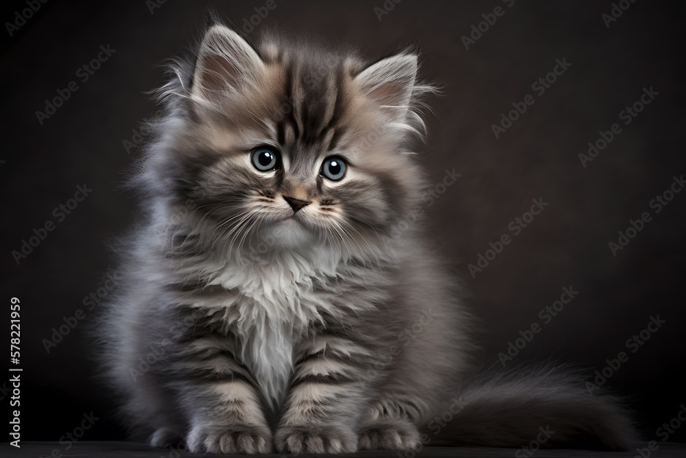Portrait little fluffy kitten on a gray background photography made with Generative AI