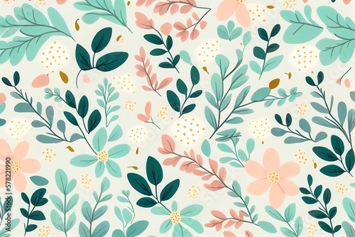 Illustrated pastel color Spring drawn flowers and leaves pattern on white background  illustration for decorative paper. Generative AI.