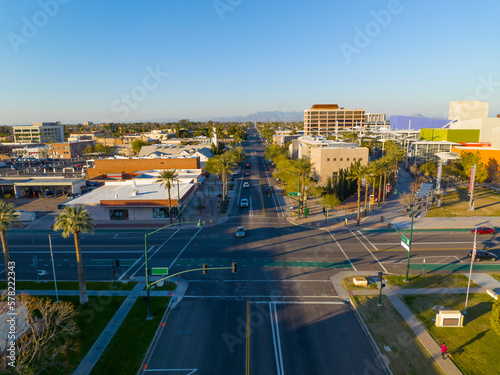 Mesa city center aerial view on Center Street at 1st Avenue at sunset, Mesa, Arizona AZ, USA. 
