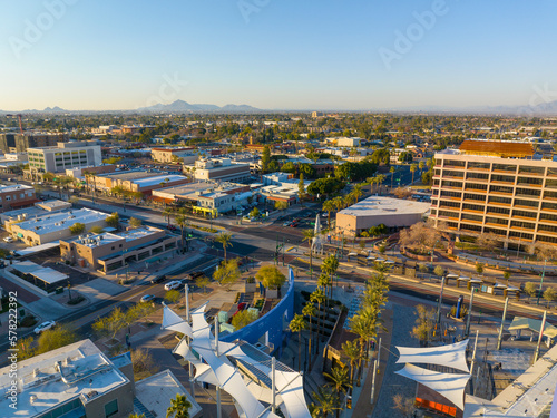 Mesa city center aerial view on Center Street at Main Street at sunset  Mesa  Arizona AZ  USA. 