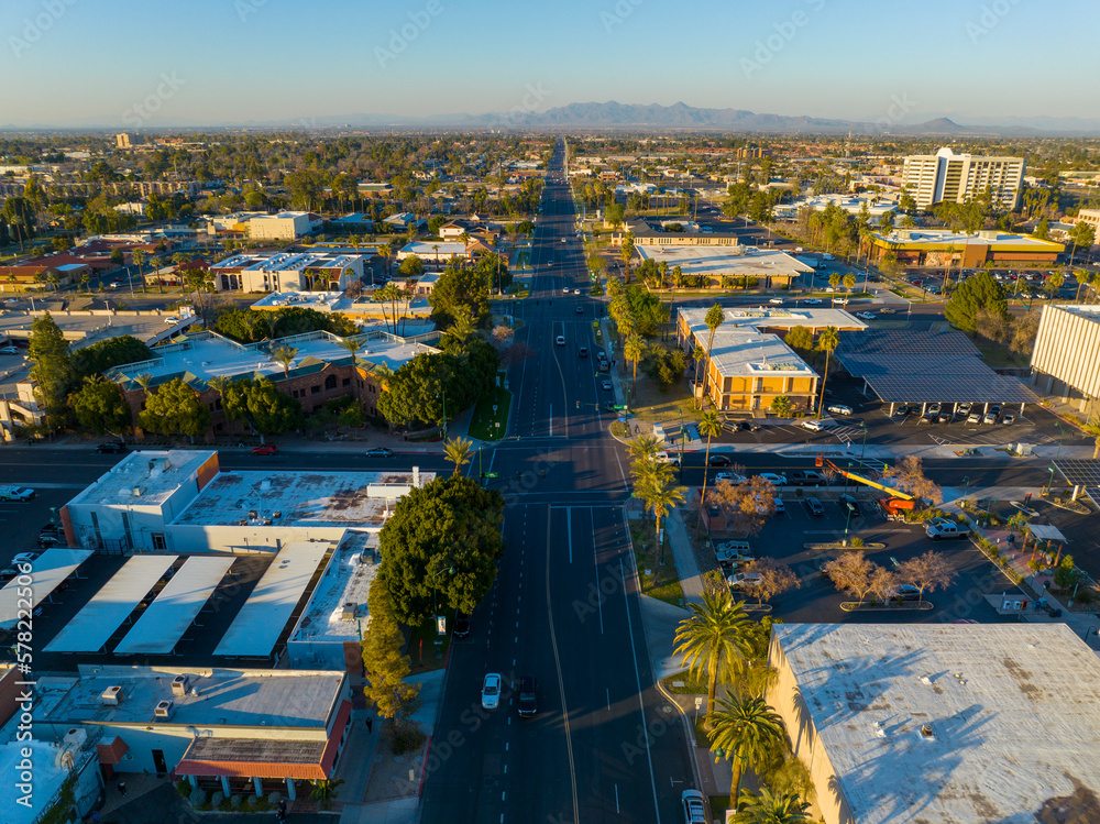Obraz premium Mesa city center aerial view on Center Street at Pepper Place at sunset, Mesa, Arizona AZ, USA. 
