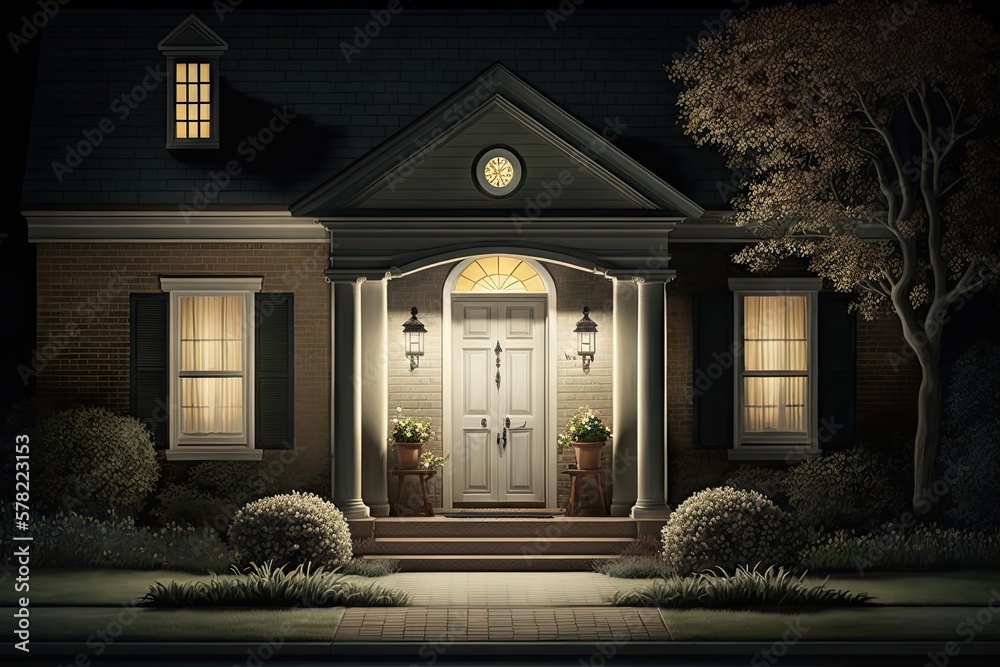 front door of white brick house in suburbs at night exterior of a