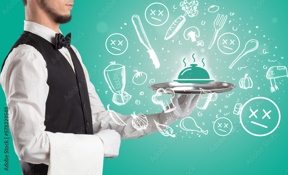 Waiter holding silver tray with food icons above Waiter holding silver tray with food icons above
