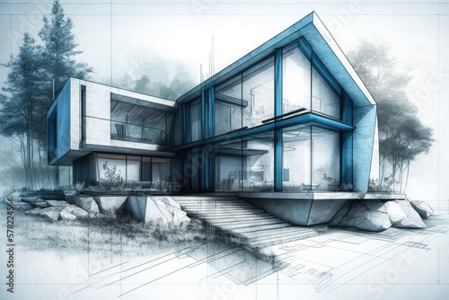 building project plan blueprint of a modern house, generative AI © Kien