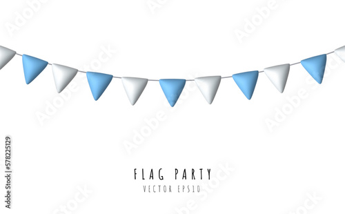 Blue and white festive flag party Realistic 3d design element isolated on white background. Vector illustration