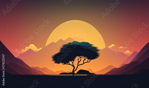 Sunset over the savana with the silhouette of a baobab in the foreground. Generative AI