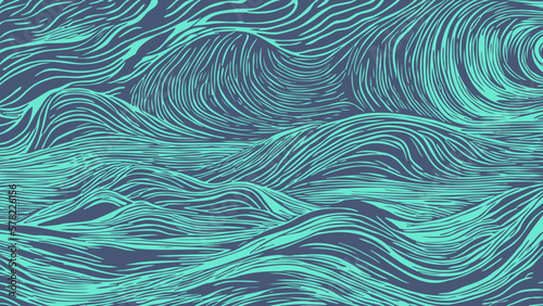 Vector abstract background. Line art. Cyan curved waves and swirls. Stylized raging ocean or sea.