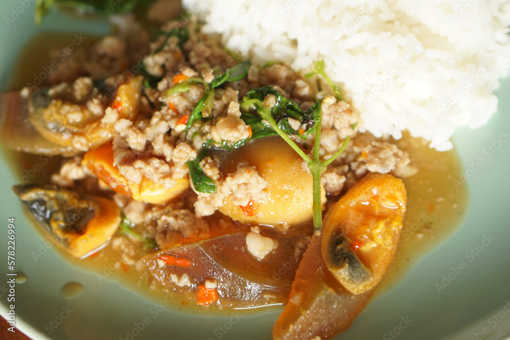 Stir-fried Century Egg. Preserved Egg and Minced Pork with Crispy Basil. Stir-fried Century Egg. Preserved Egg and Minced Pork with Crispy Basil.