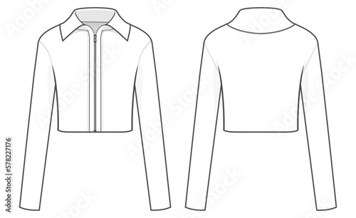 Collared Zip Cardigan technical fashion illustration. Flat apparel Cardigan template front and back, white colour. ladies, CAD mock-up.