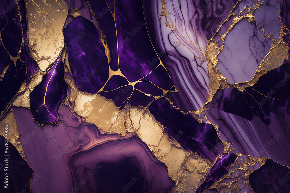 Violet and gold marble background. Invitation, card backdrop, banner. Ai generated