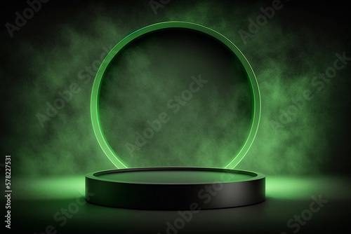 Green neon display platform, round product showcase stage with smoky hazy mist background for mockup, template, design